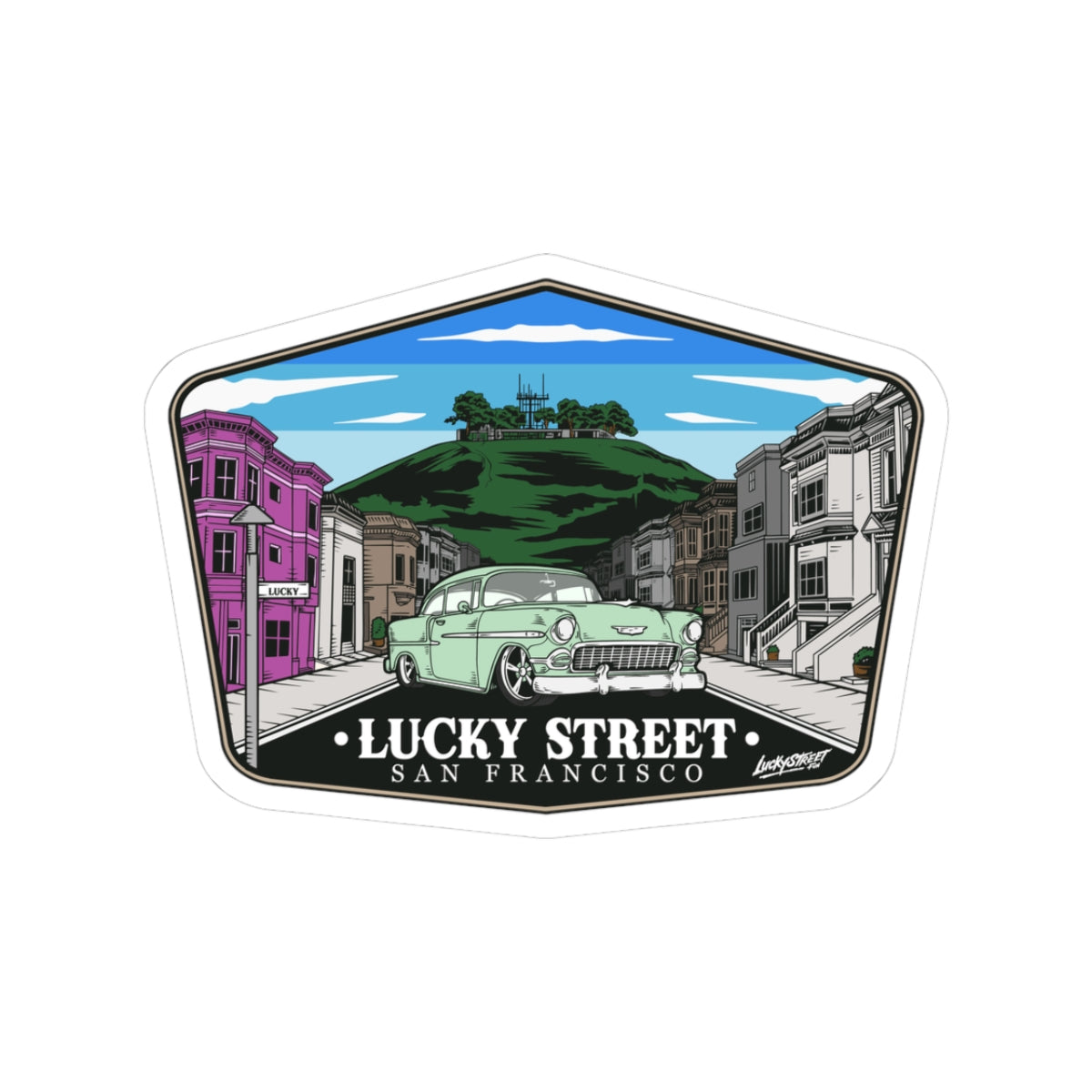 Lucky Street hand-drawn badge design Kiss-Cut Stickers, Fun Stickers for Laptops, Travel Decor, Urban Art Graphics, Gifts for Travelers