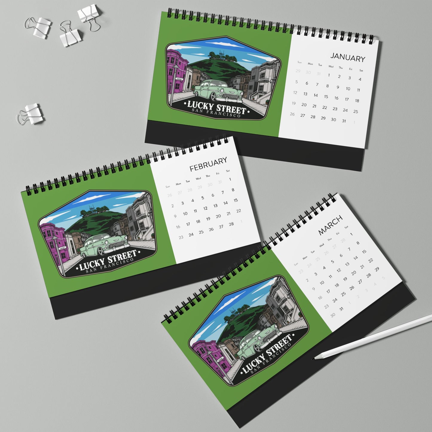 Lucky Street San Francisco Desktop Calendar (2025 grid)
